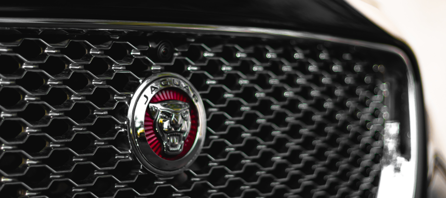 Close up image of the Jaguar badge on the front of a black car